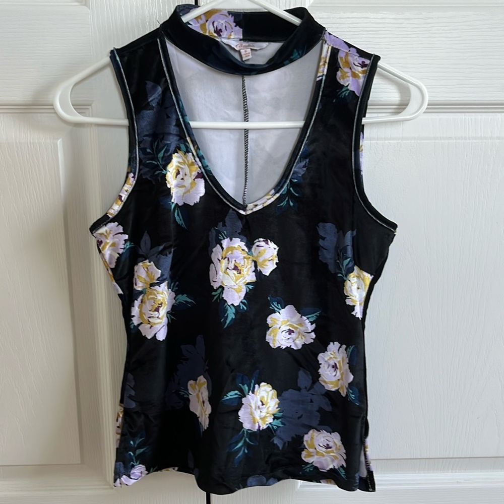 Candies velvet tank top in black with rose design, adult S